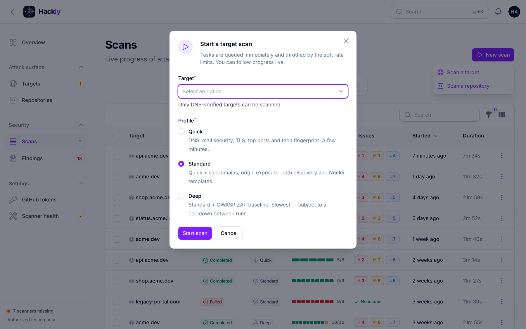 New scan dialog with profiles