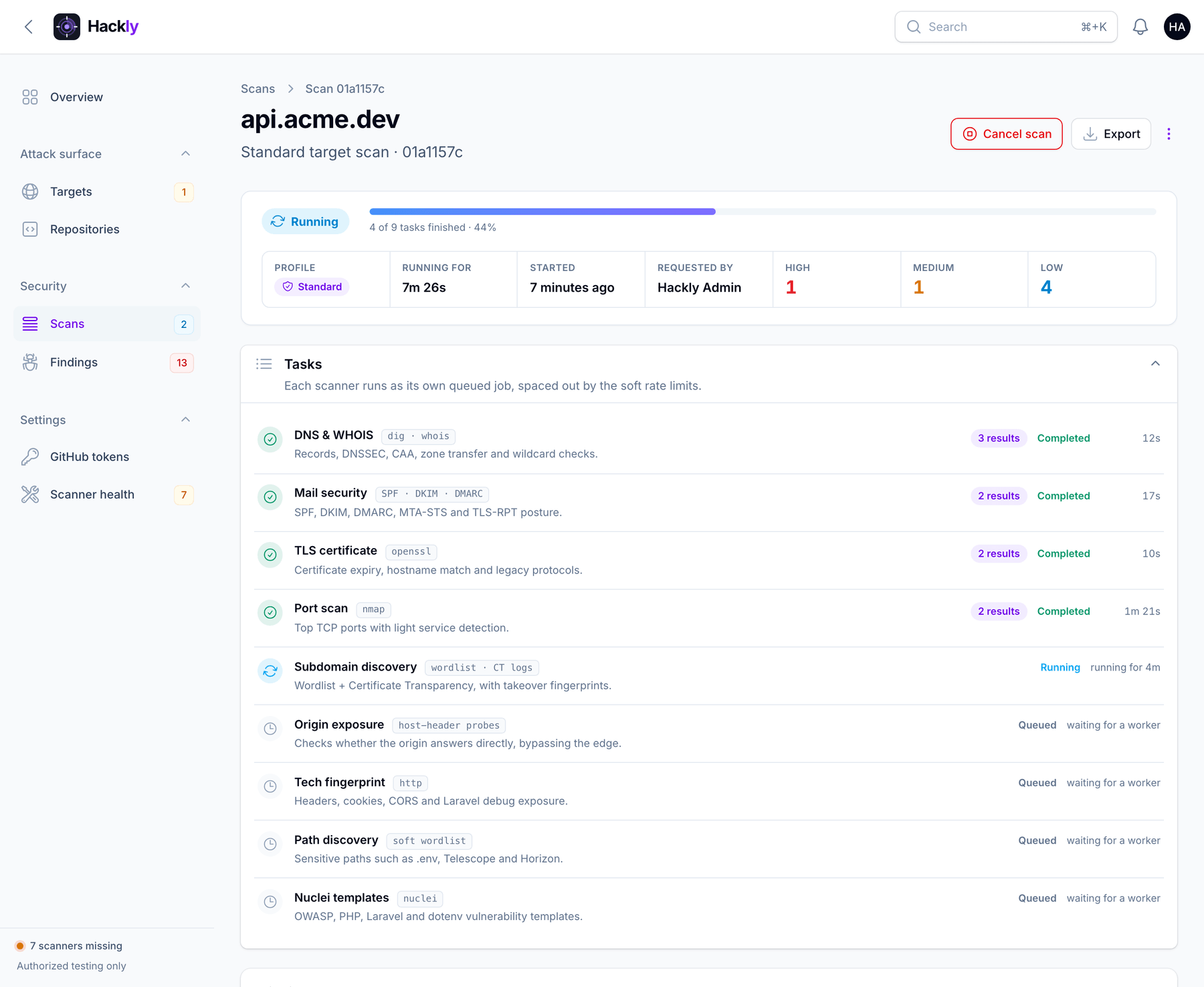 Running scan with live task timeline